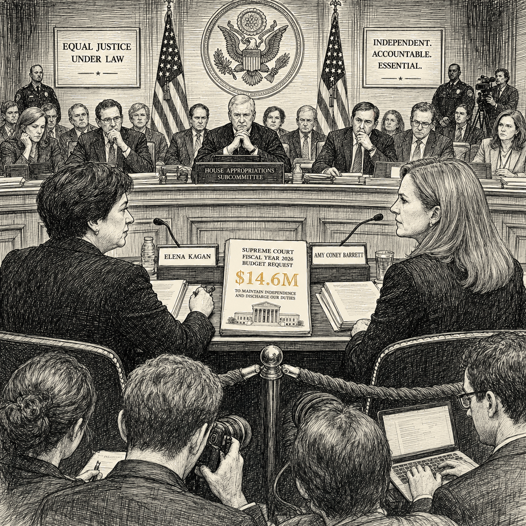 Illustration accompanying article: Supreme Court justices ask Congress for $14.6M security increase