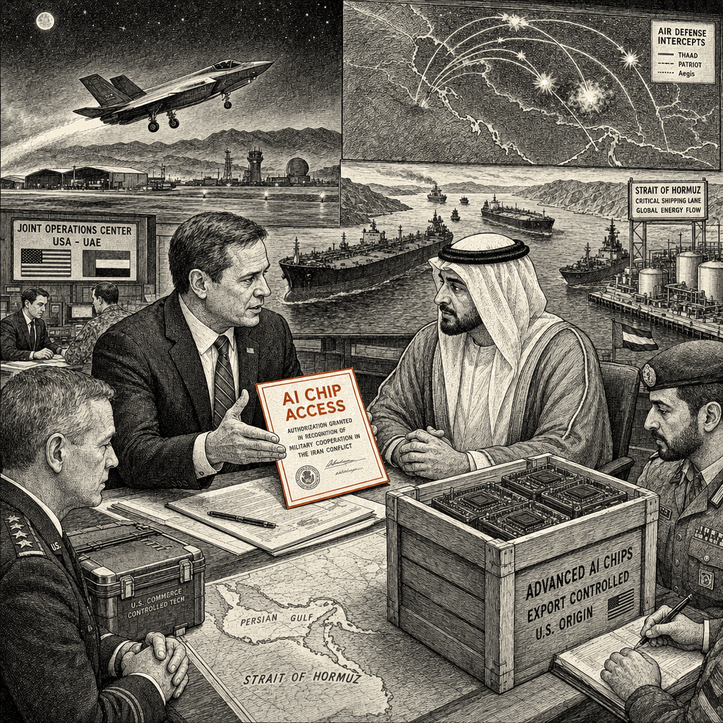 Illustration accompanying article: U.S. grants UAE expanded AI chip access following military cooperation in Iran conflict
