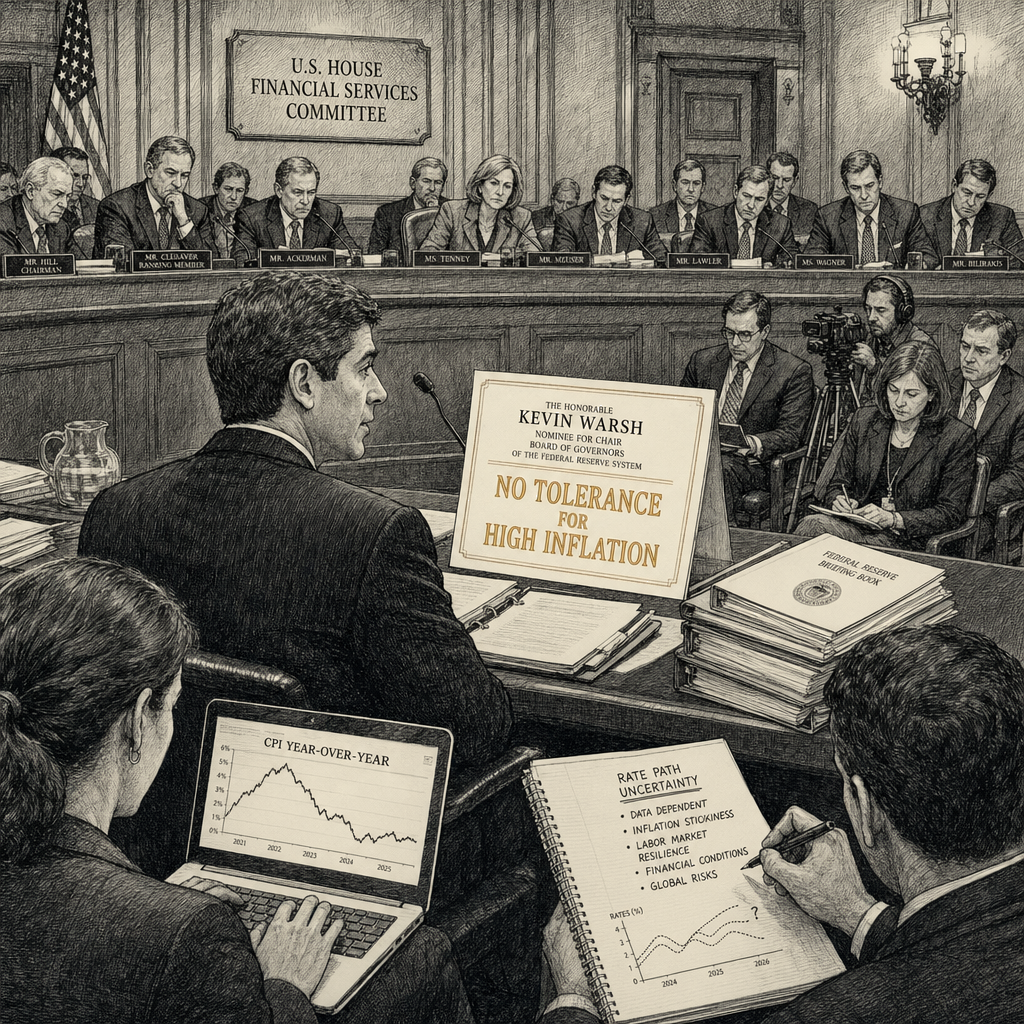 Illustration accompanying article: Warsh says Fed has 'no tolerance' for high inflation, offers no rate path