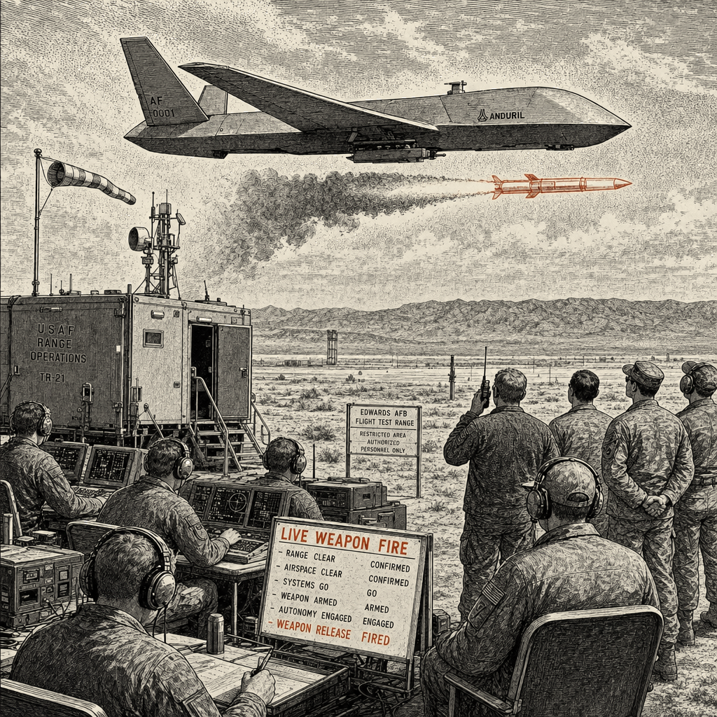 Illustration accompanying article: Anduril drone fires live missile in first Air Force combat-drone test