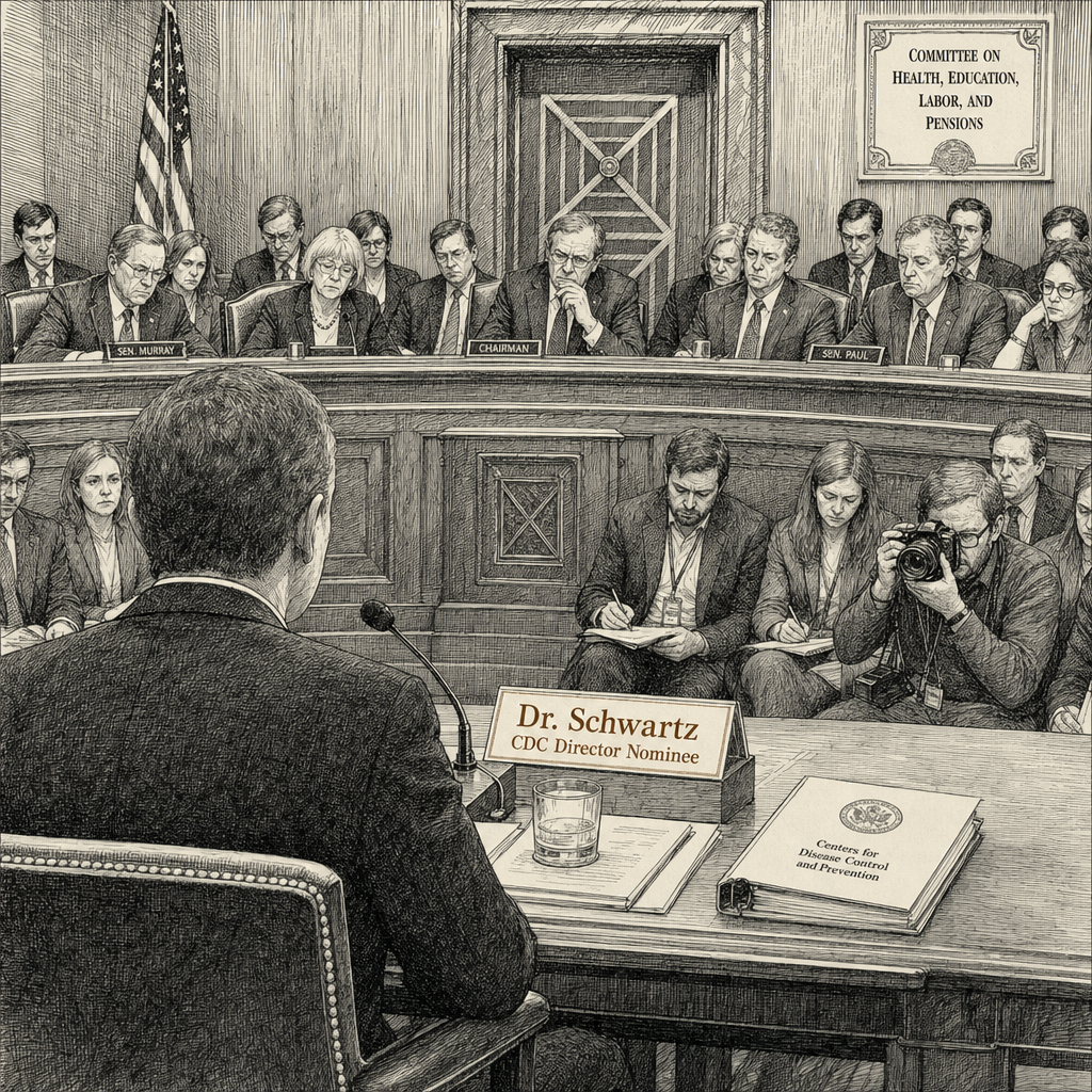 Illustration accompanying article: Schwartz faces Senate as Trump’s third CDC director nominee
