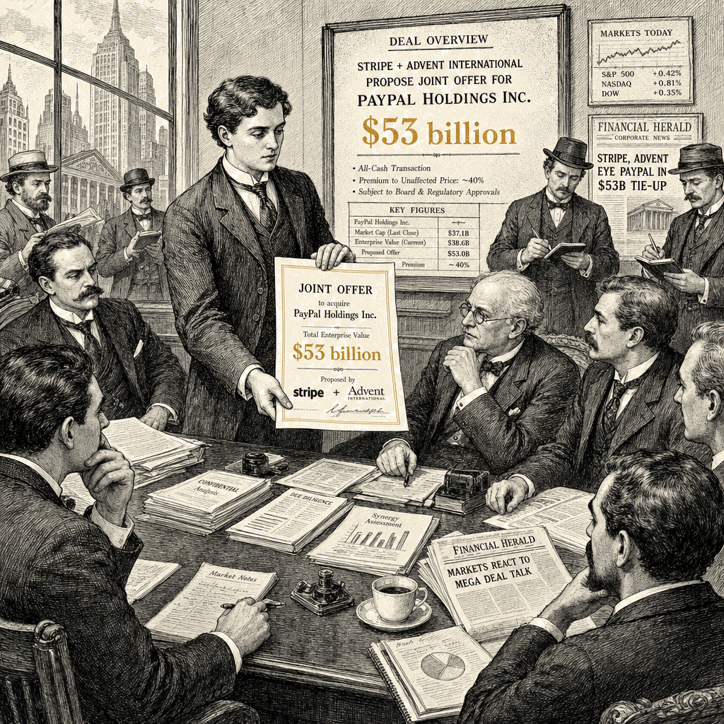 Illustration accompanying article: Stripe, Advent International propose $53 billion joint offer for PayPal