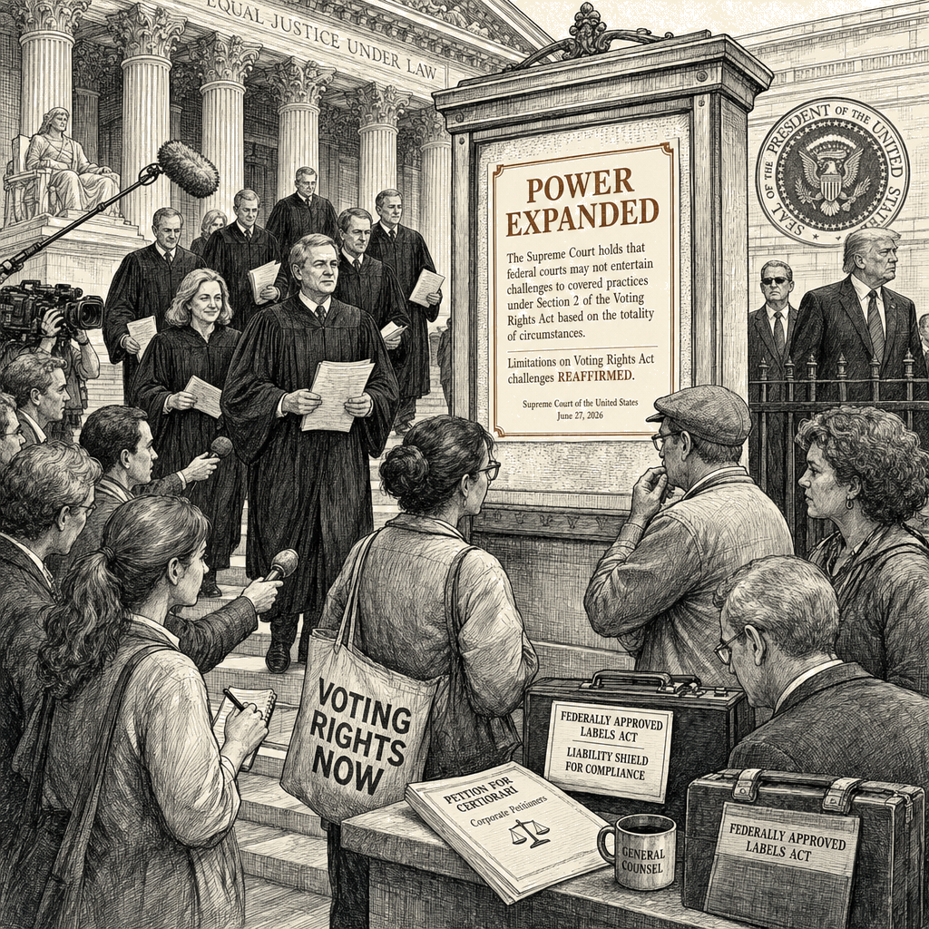 Illustration accompanying article: Supreme Court expands presidential power, limits Voting Rights Act challenges