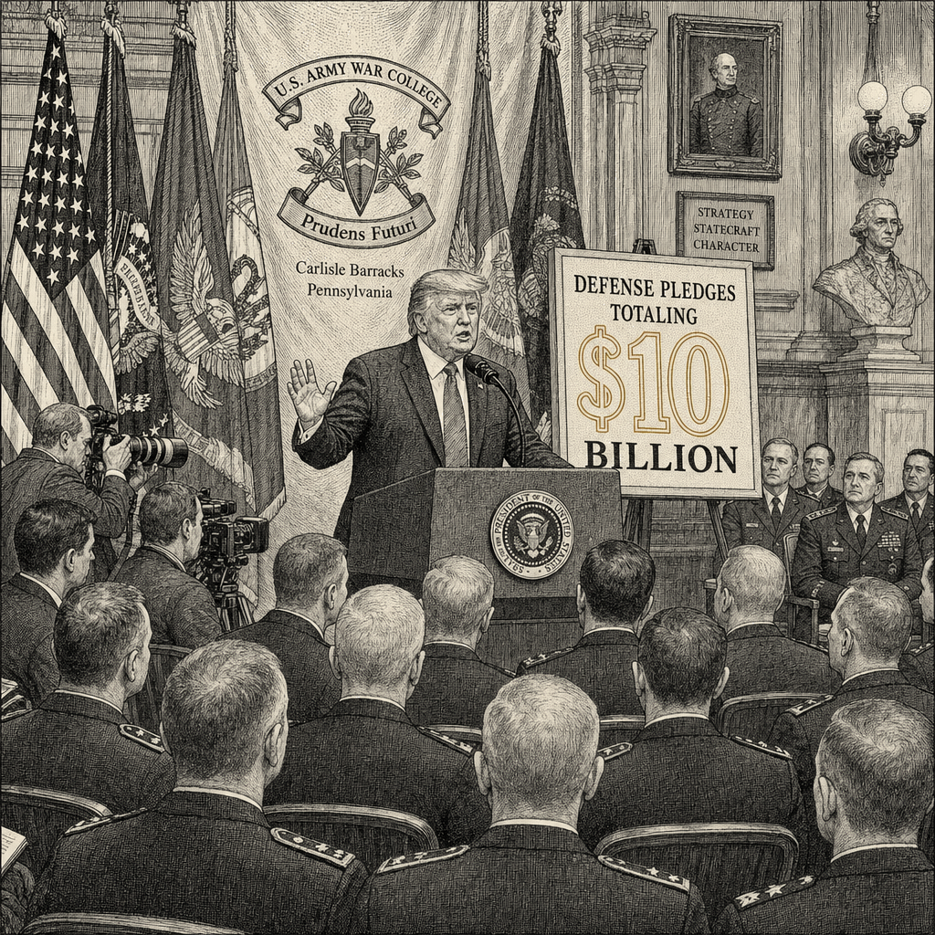Illustration accompanying article: Trump addresses Army War College summit, cites $10 billion in defense pledges