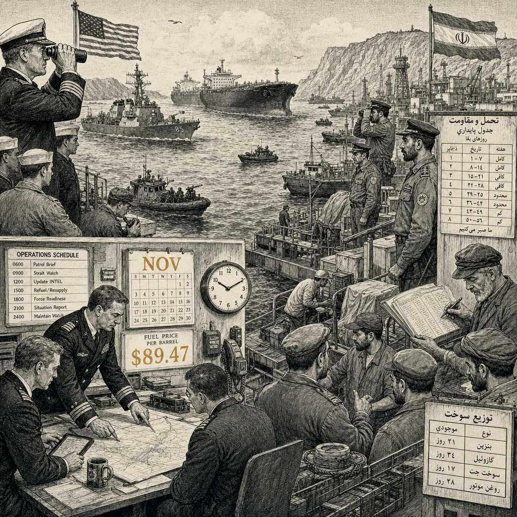 Illustration accompanying article: US and Iran face dueling time pressures as Hormuz conflict resumes
