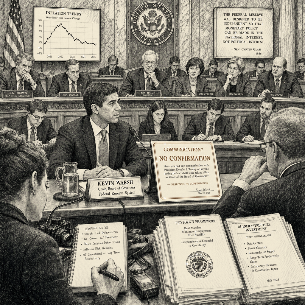 Illustration accompanying article: Warsh does not confirm Trump communication in Senate testimony