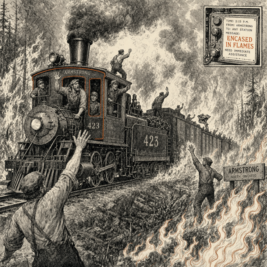 Illustration accompanying article: Wildfire surrounds freight train in Ontario, crew reported 'encased' in flames