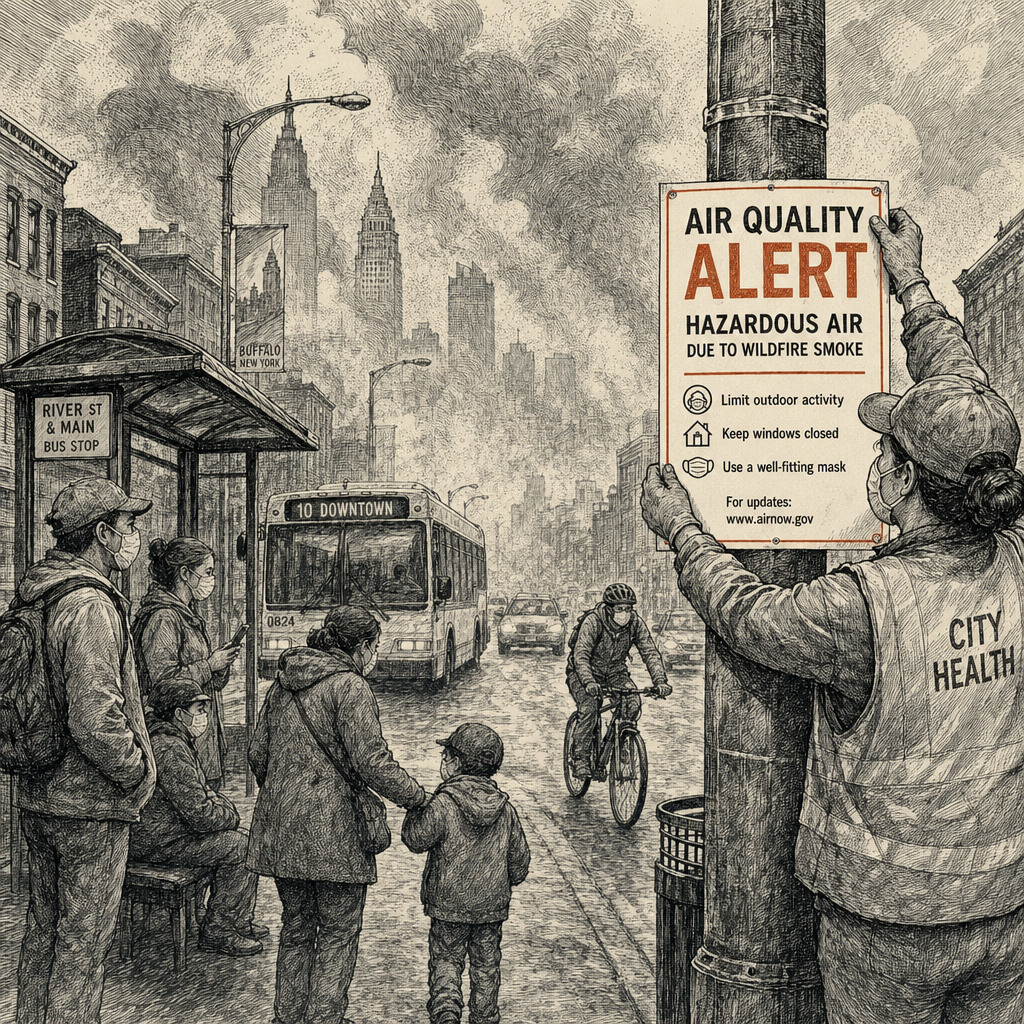 Illustration accompanying article: Canadian wildfire smoke shrouds Northeast, Midwest in hazardous air