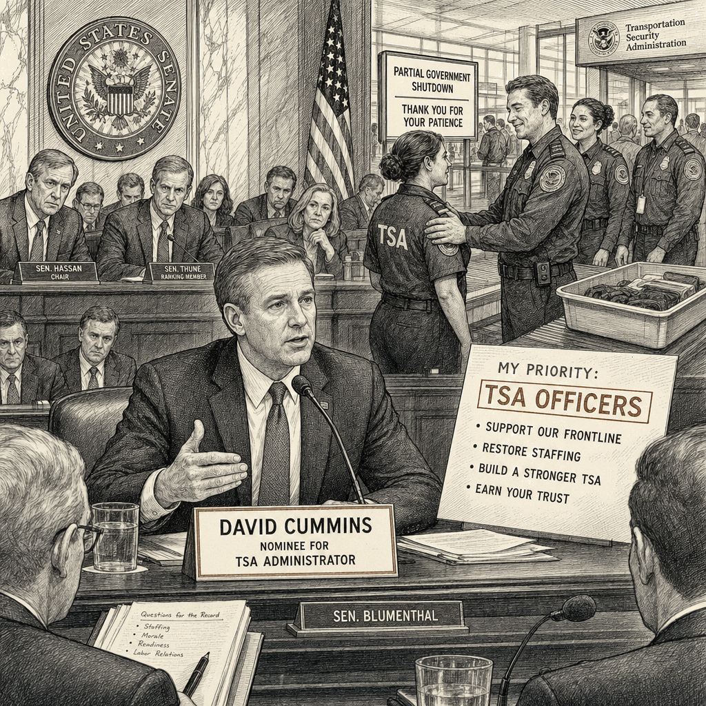Illustration accompanying article: Cummins pledges to prioritize TSA officers at confirmation hearing