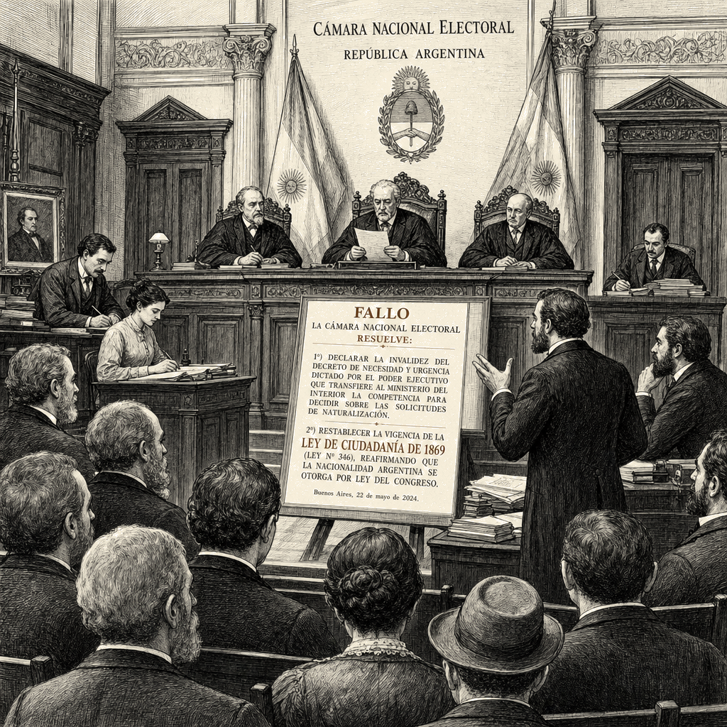 Illustration accompanying article: Electoral chamber restores 1869 citizenship law, voids Milei executive decree