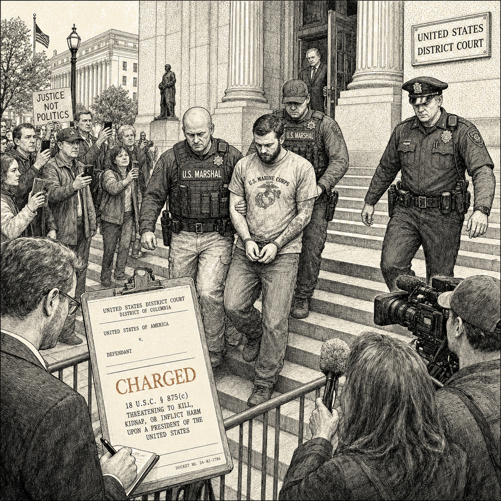 Illustration accompanying article: Former Marine charged with threatening to kill Trump