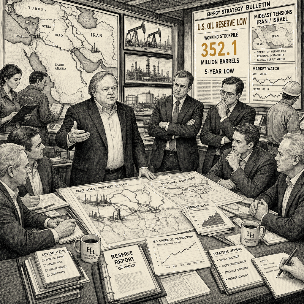 Illustration accompanying article: Harold Hamm warned of Iran threat as US oil reserve hits low