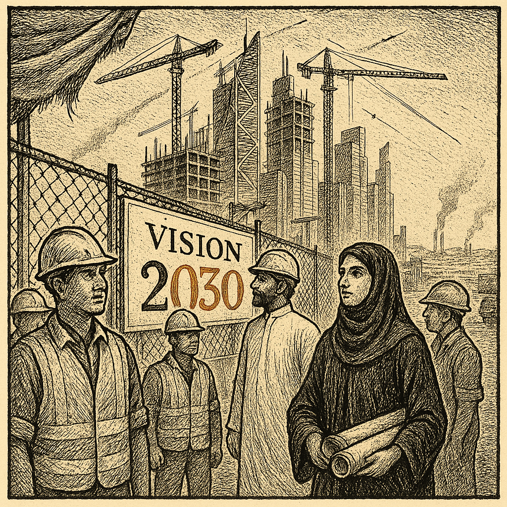 Illustration accompanying article: Iran war threatens Saudi Arabia's Vision 2030 transformation, former ambassador says