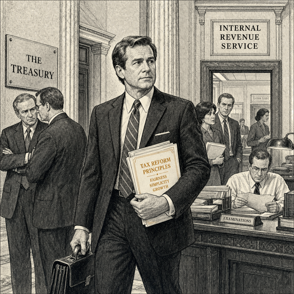 Illustration accompanying article: Kenneth Kies leaving Treasury, IRS after disputes with White House