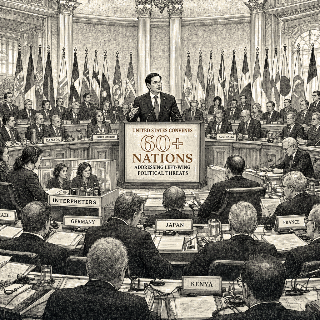 Illustration accompanying article: Rubio convenes 60+ nations to address what US calls left-wing political