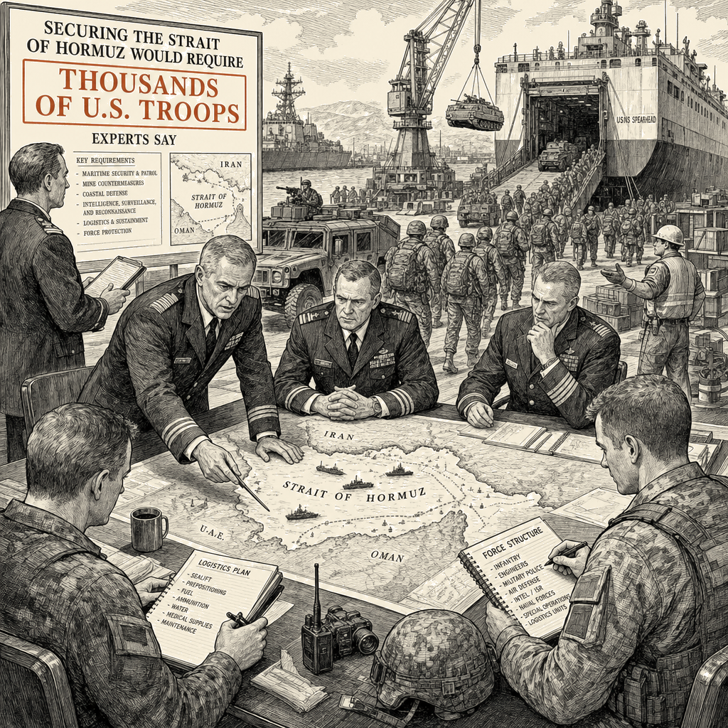Illustration accompanying article: Securing Strait of Hormuz would require thousands of U.S. troops, experts say
