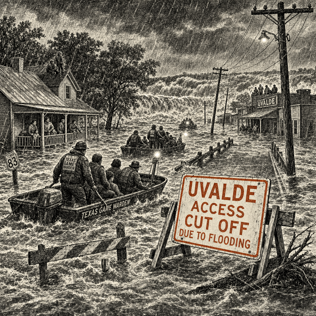 Illustration accompanying article: Texas flooding cuts off Uvalde as deadly flood wave threatens