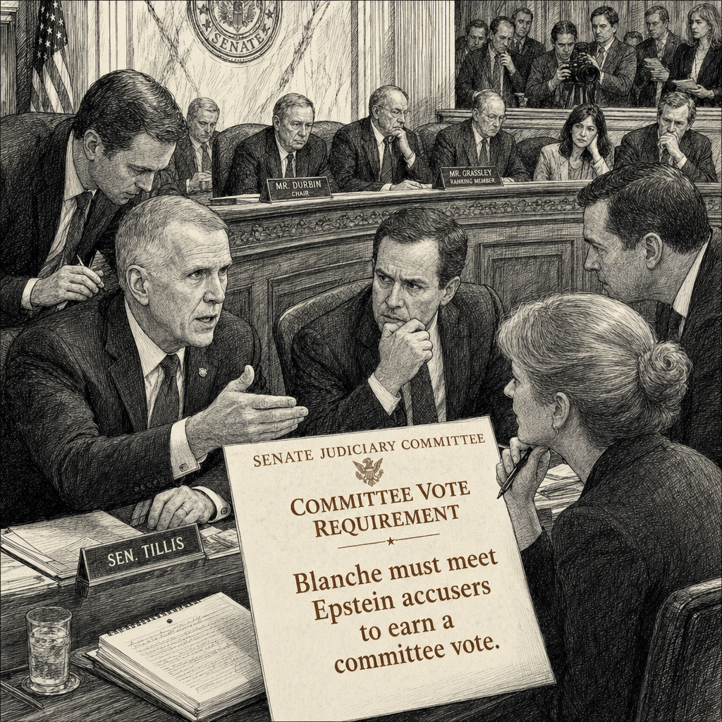 Illustration accompanying article: Tillis says Blanche must meet Epstein accusers to earn committee vote