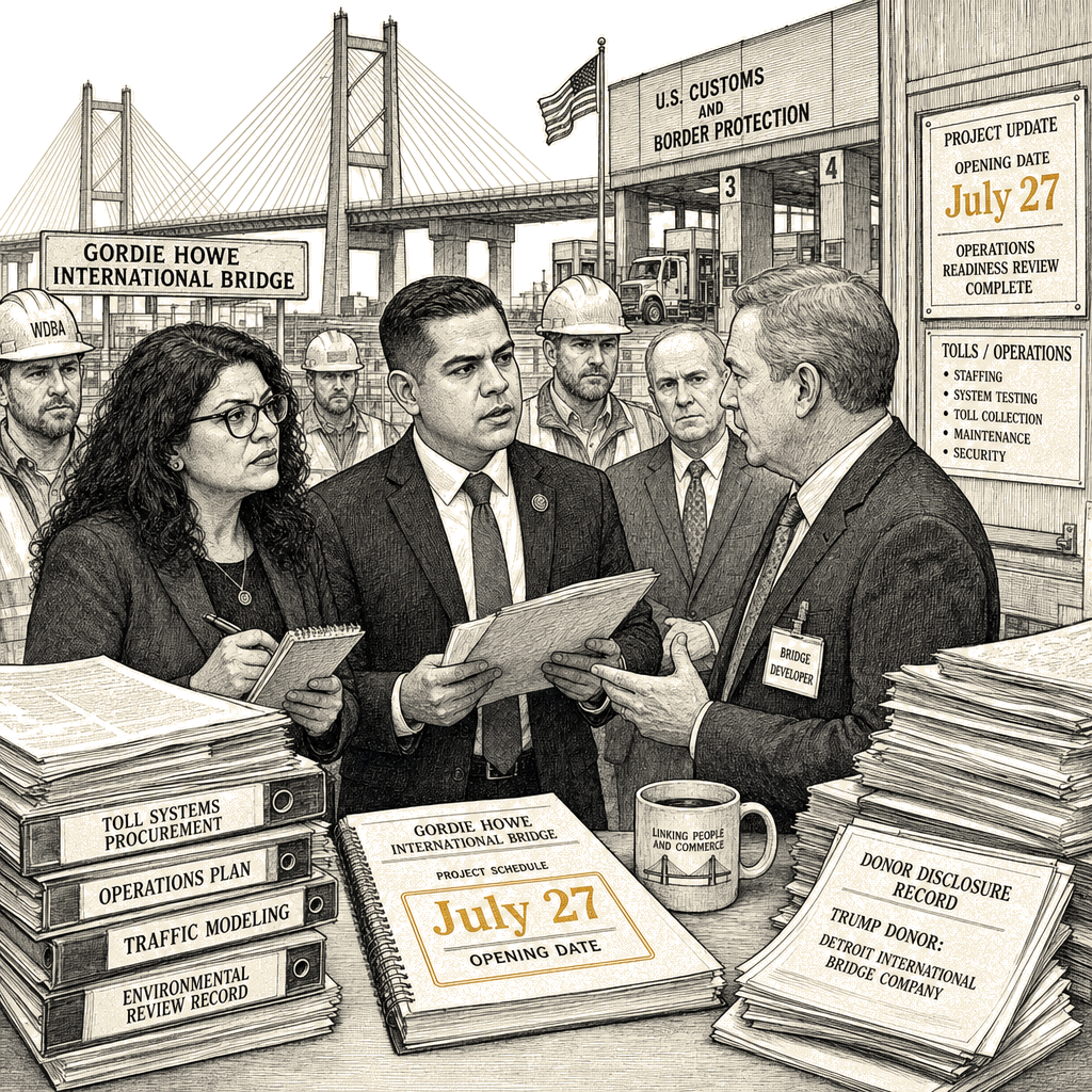 Illustration accompanying article: Tlaib and Garcia investigate Trump donor role in Gordie Howe bridge delay