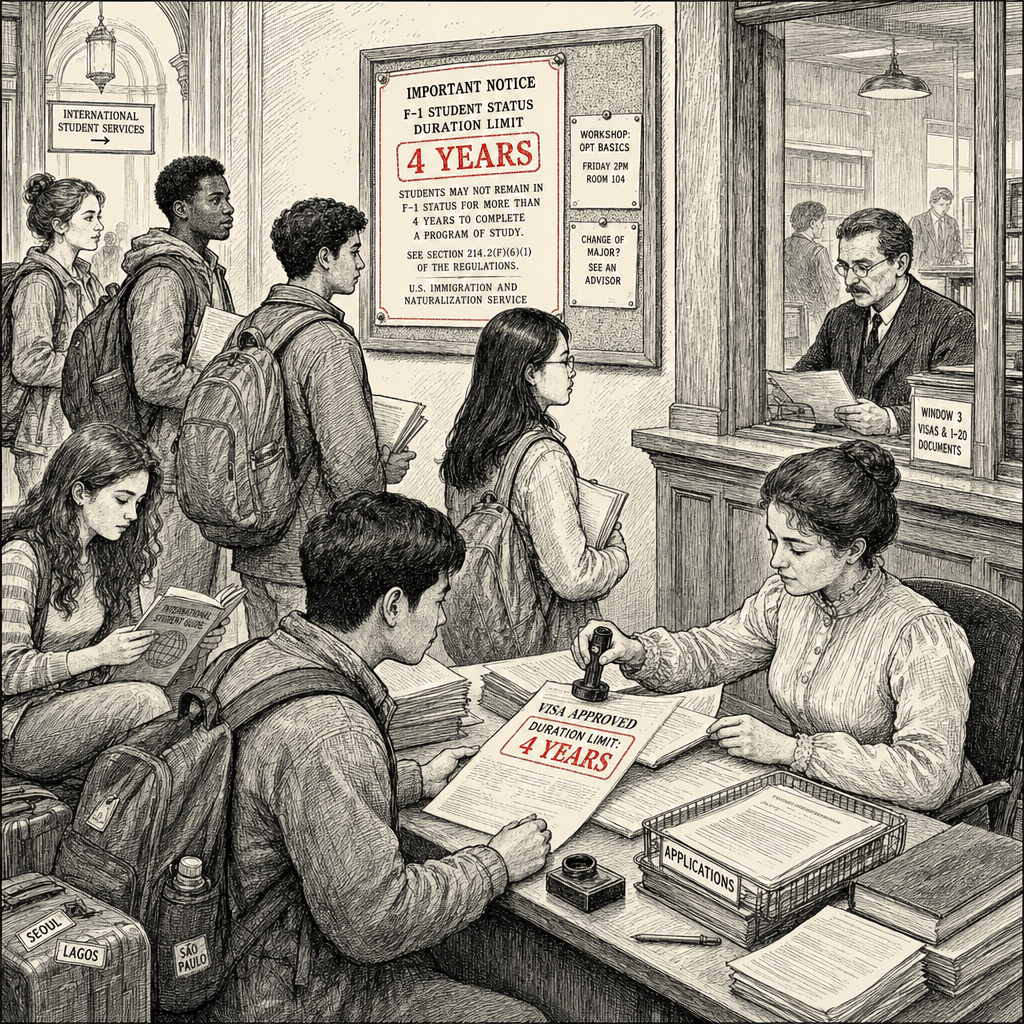 Illustration accompanying article: Trump administration caps foreign student visas at four years