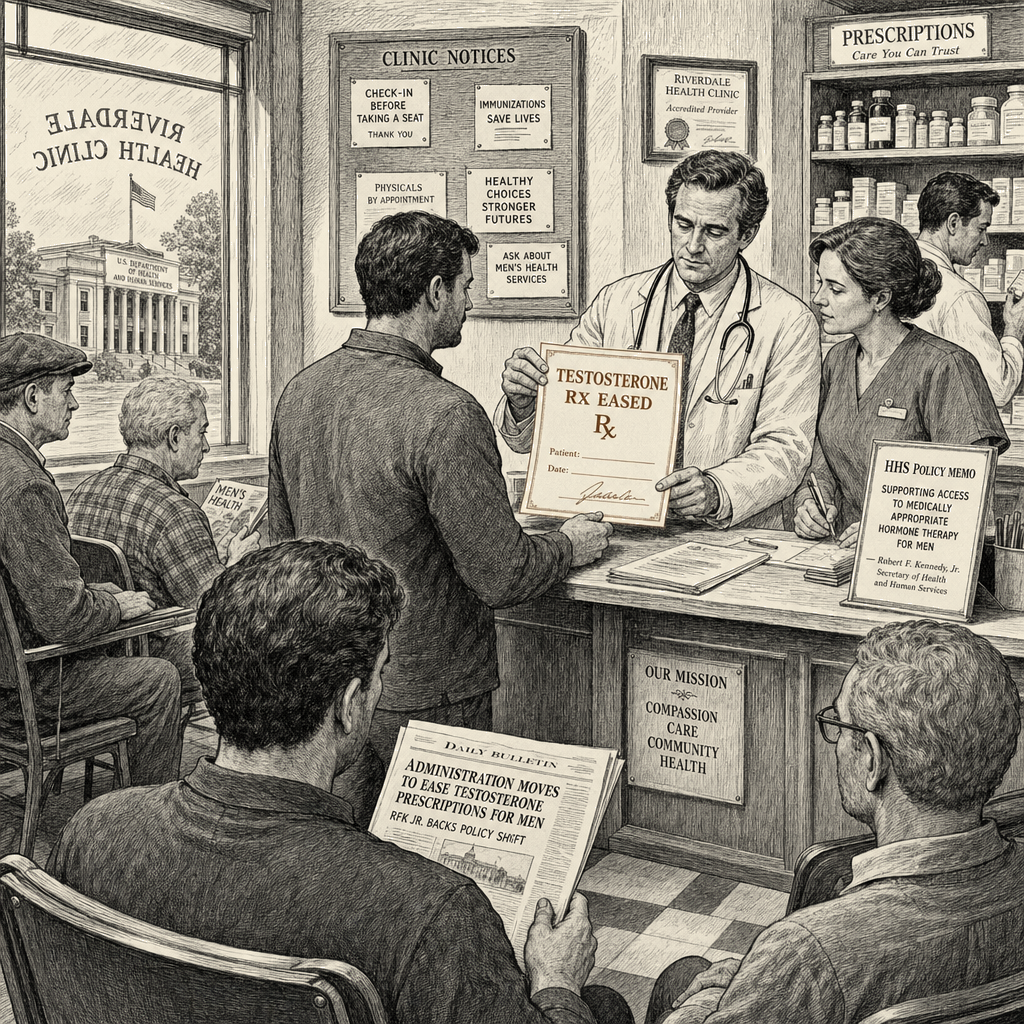 Illustration accompanying article: Trump administration pushes to ease testosterone prescriptions for men
