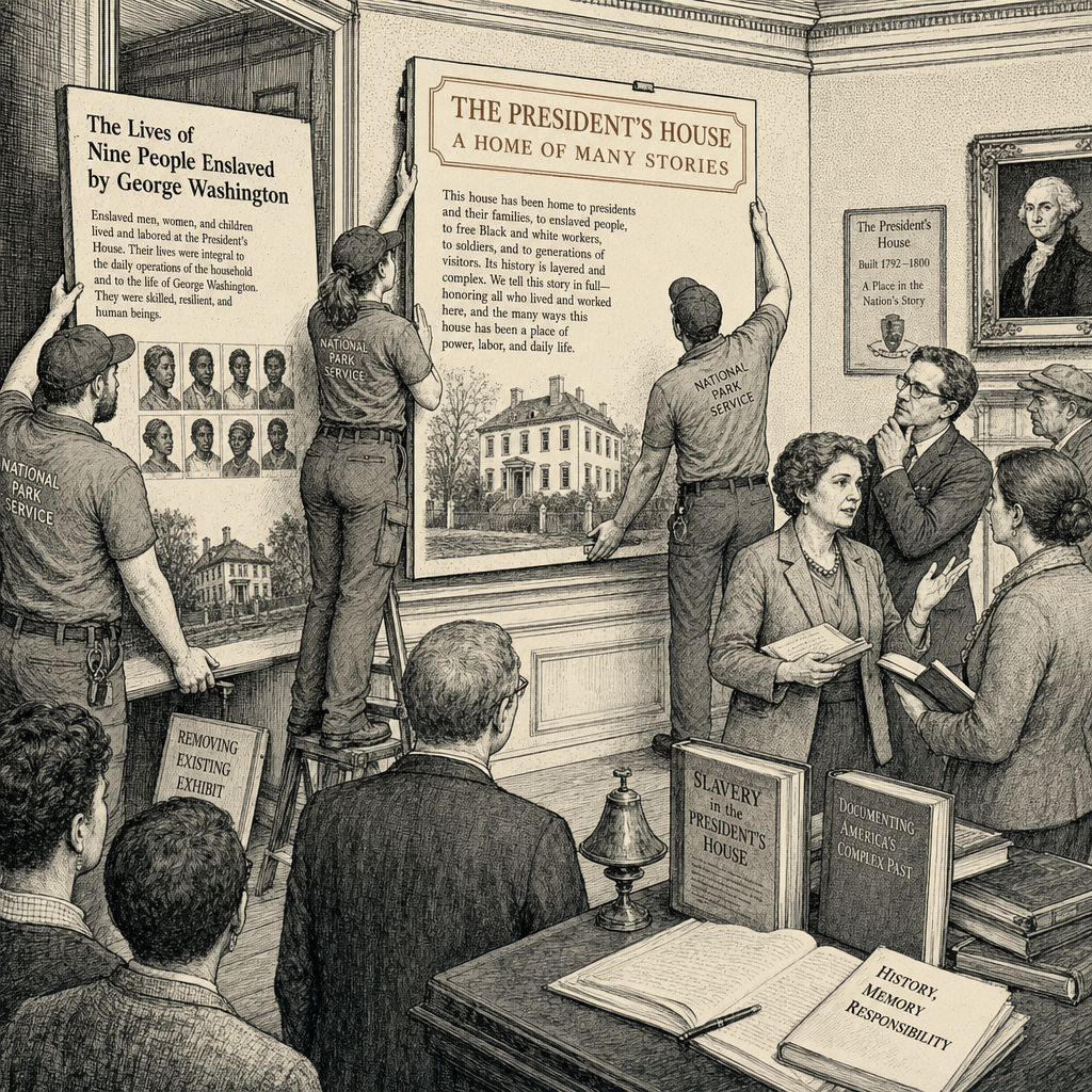Illustration accompanying article: Trump administration replaces slavery exhibit at Washington's Philadelphia home