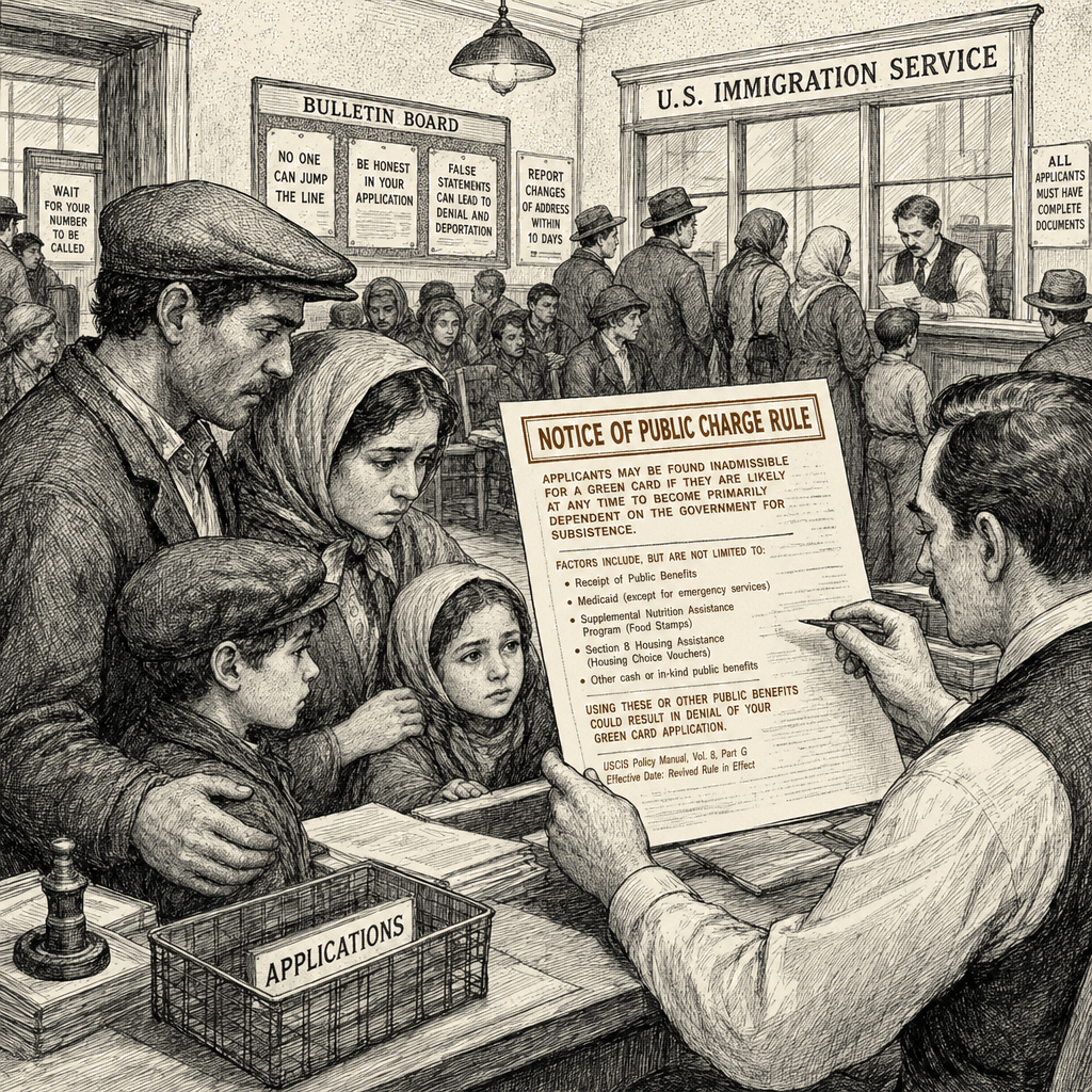 Illustration accompanying article: Trump administration revives public charge rule that could deny green cards