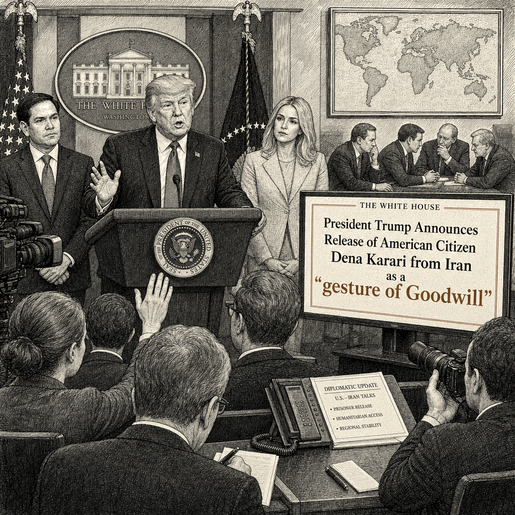 Illustration accompanying article: Trump announces release of American citizen from Iran, calls it 'gesture of Goodwill'