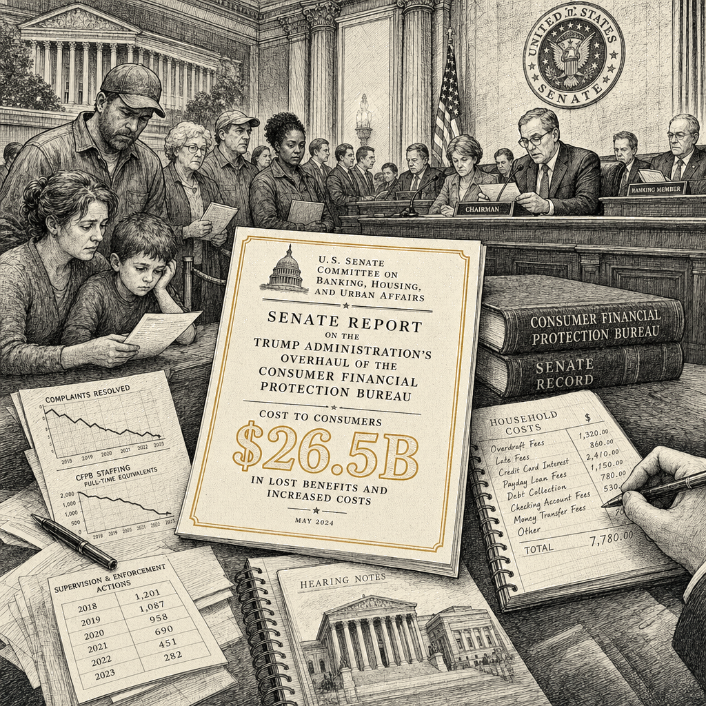 Illustration accompanying article: Trump CFPB overhaul costs consumers $26.5 billion, Senate report finds
