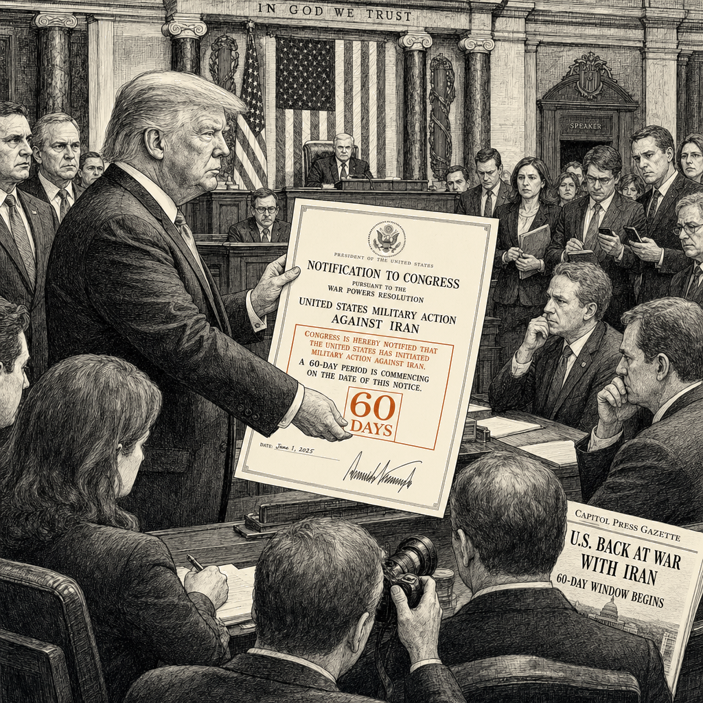 Illustration accompanying article: Trump notification starts 60-day window for Iran military action