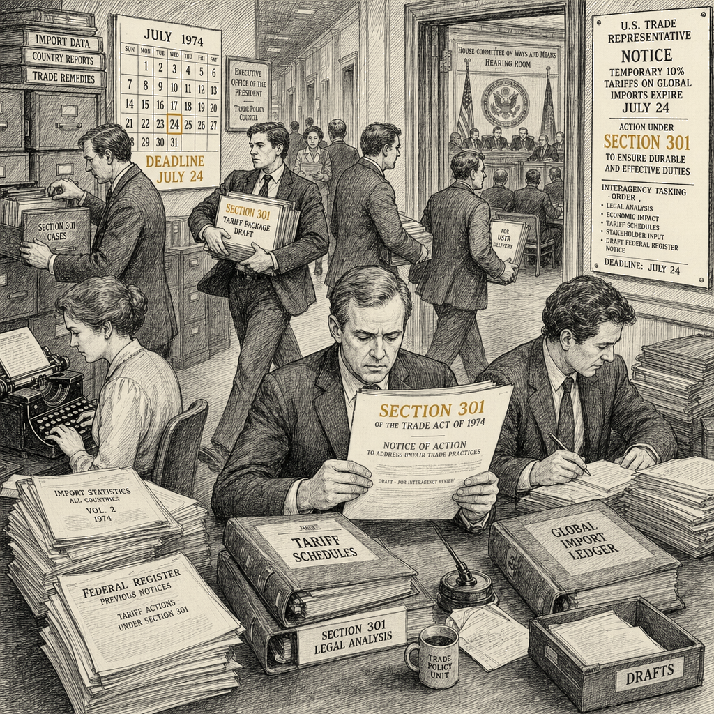 Illustration accompanying article: Trump team rushes to replace expiring tariffs with more durable duties