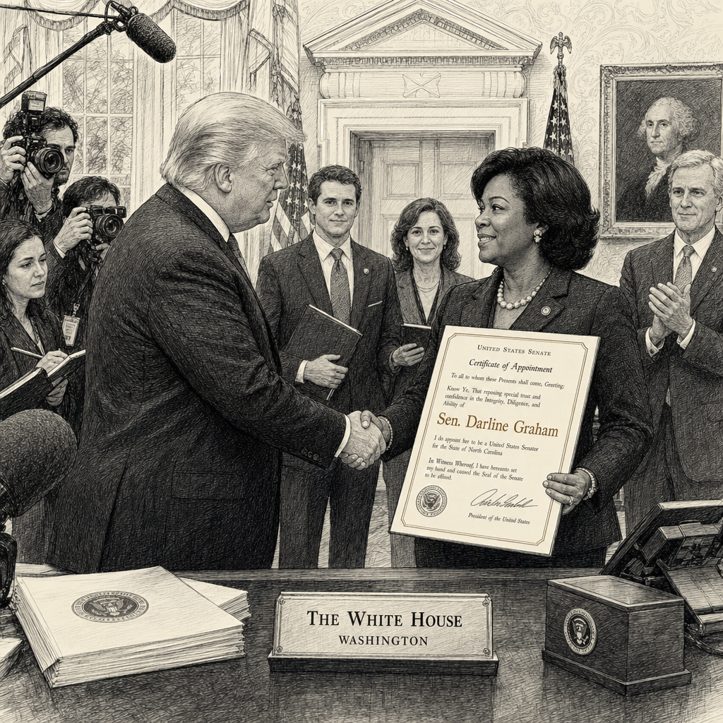 Illustration accompanying article: Trump to meet Darline Graham at White House as new senator takes office