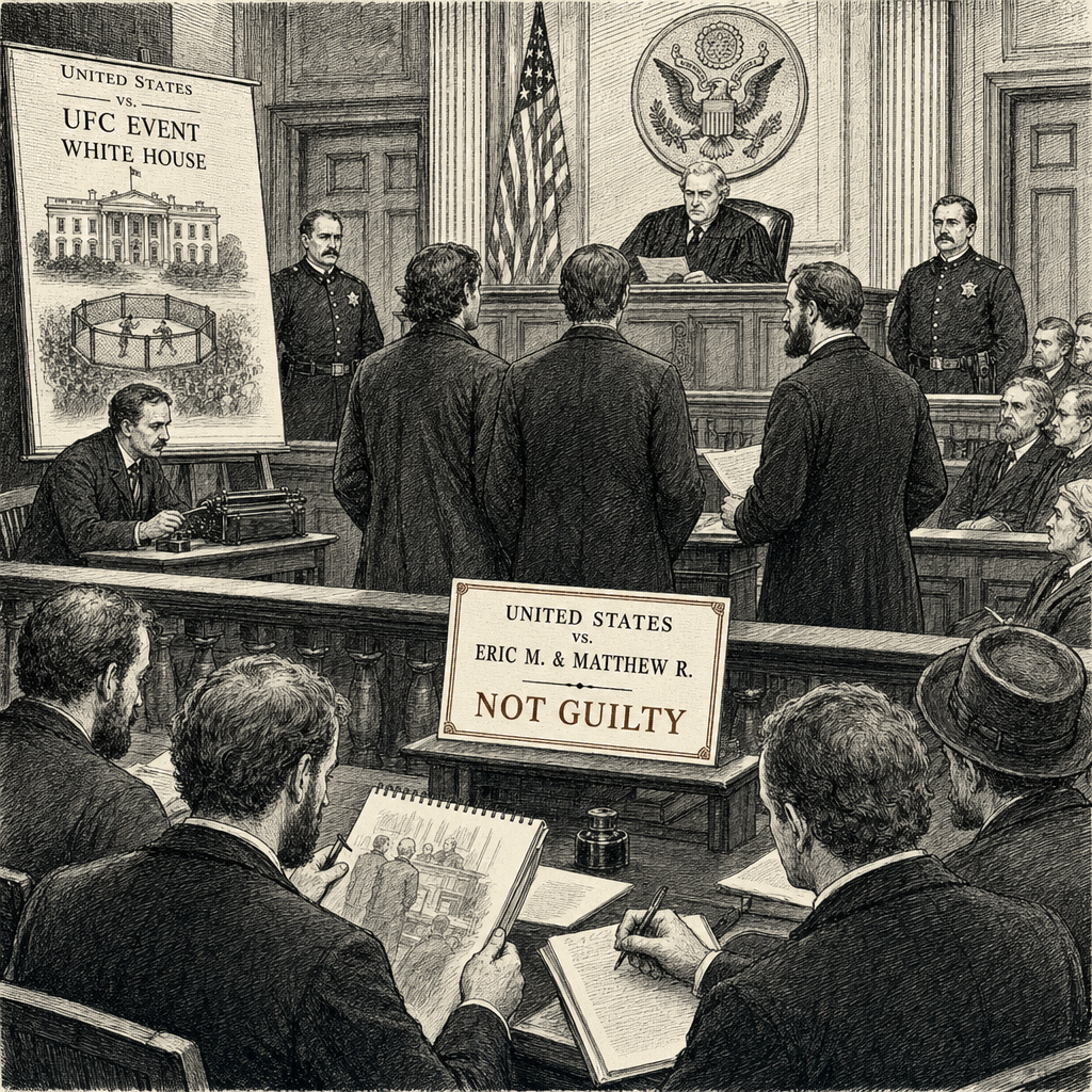 Illustration accompanying article: Two plead not guilty in White House UFC plot