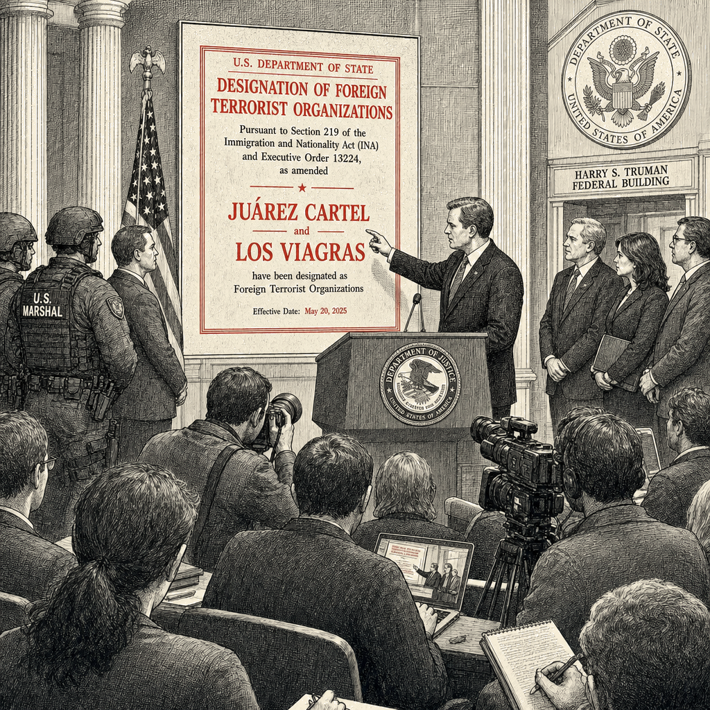 Illustration accompanying article: U.S. designates Juárez Cartel, Los Viagras as terrorist organizations
