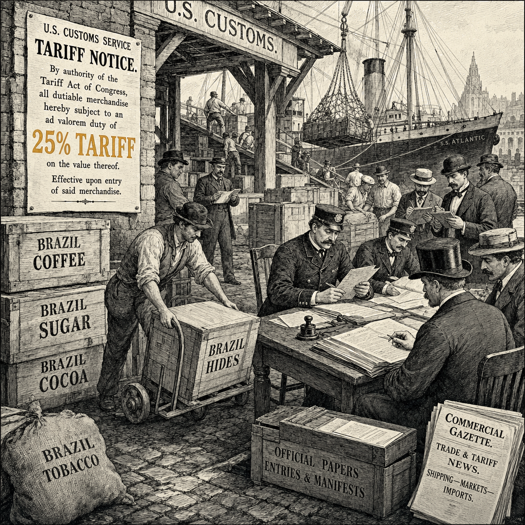 Illustration accompanying article: U.S. imposes 25% tariff on Brazilian imports after trade probe