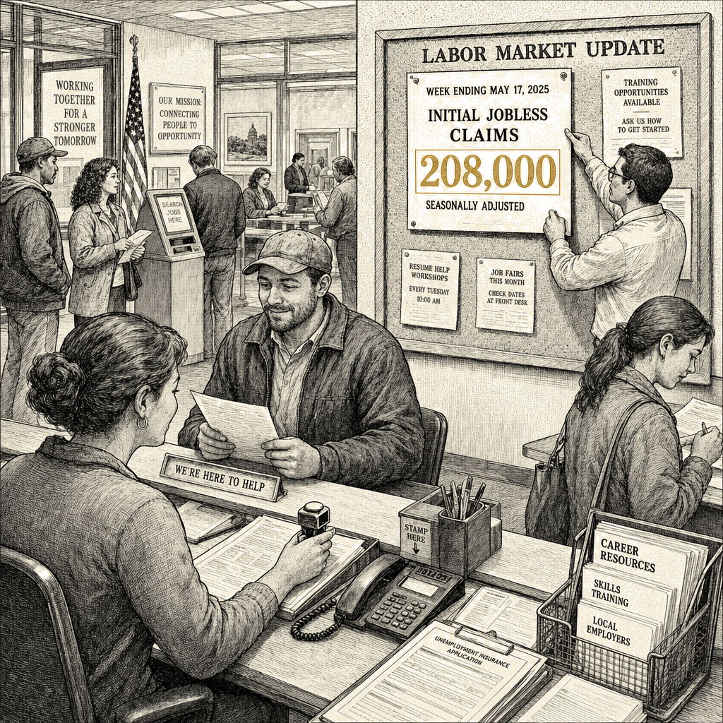 Illustration accompanying article: US jobless claims fall to 208,000, fewest in 10 weeks