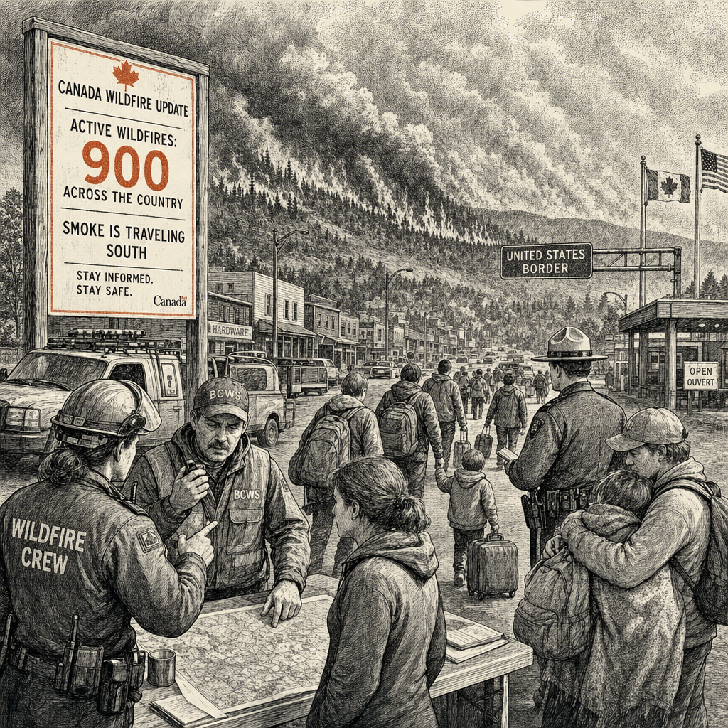 Illustration accompanying article: Canada battles nearly 900 wildfires as Trump threatens tariffs over smoke