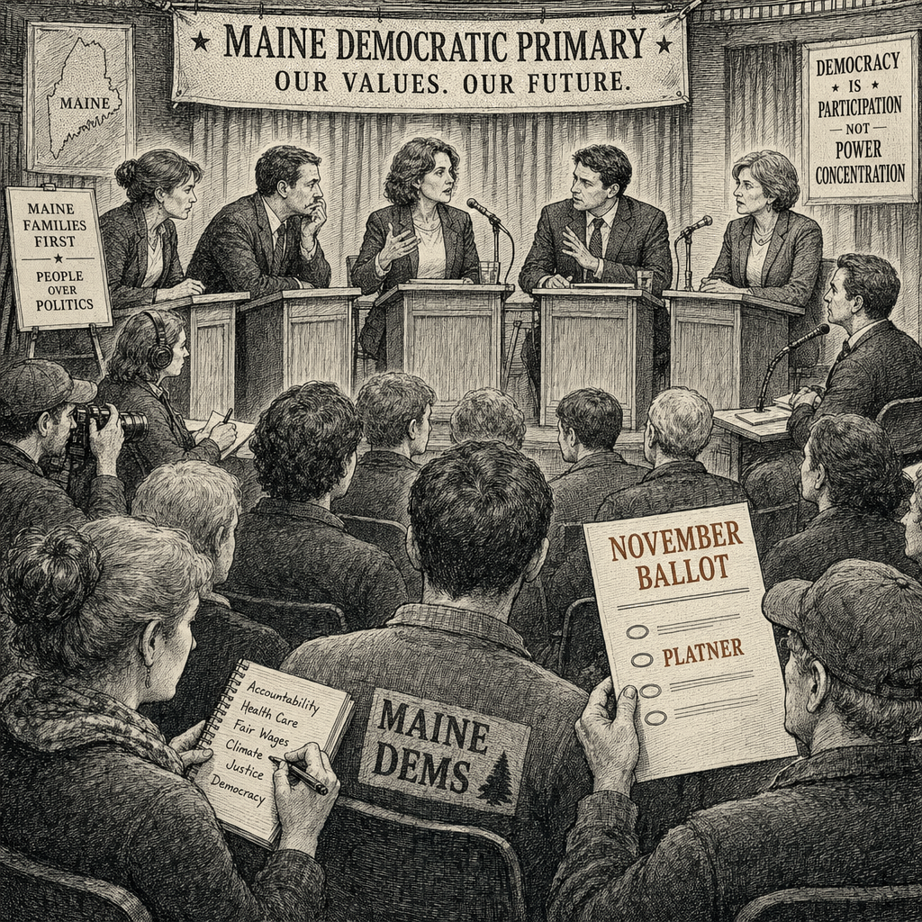 Illustration accompanying article: Democrats competing to replace Platner face delicate task in Maine