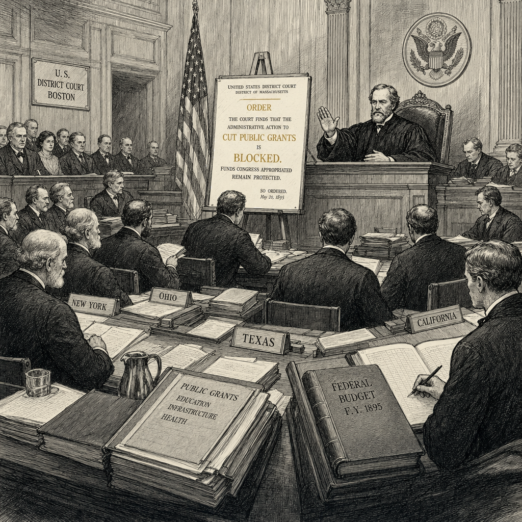 Illustration accompanying article: Judge blocks Trump's use of obscure budget clause to cut grants