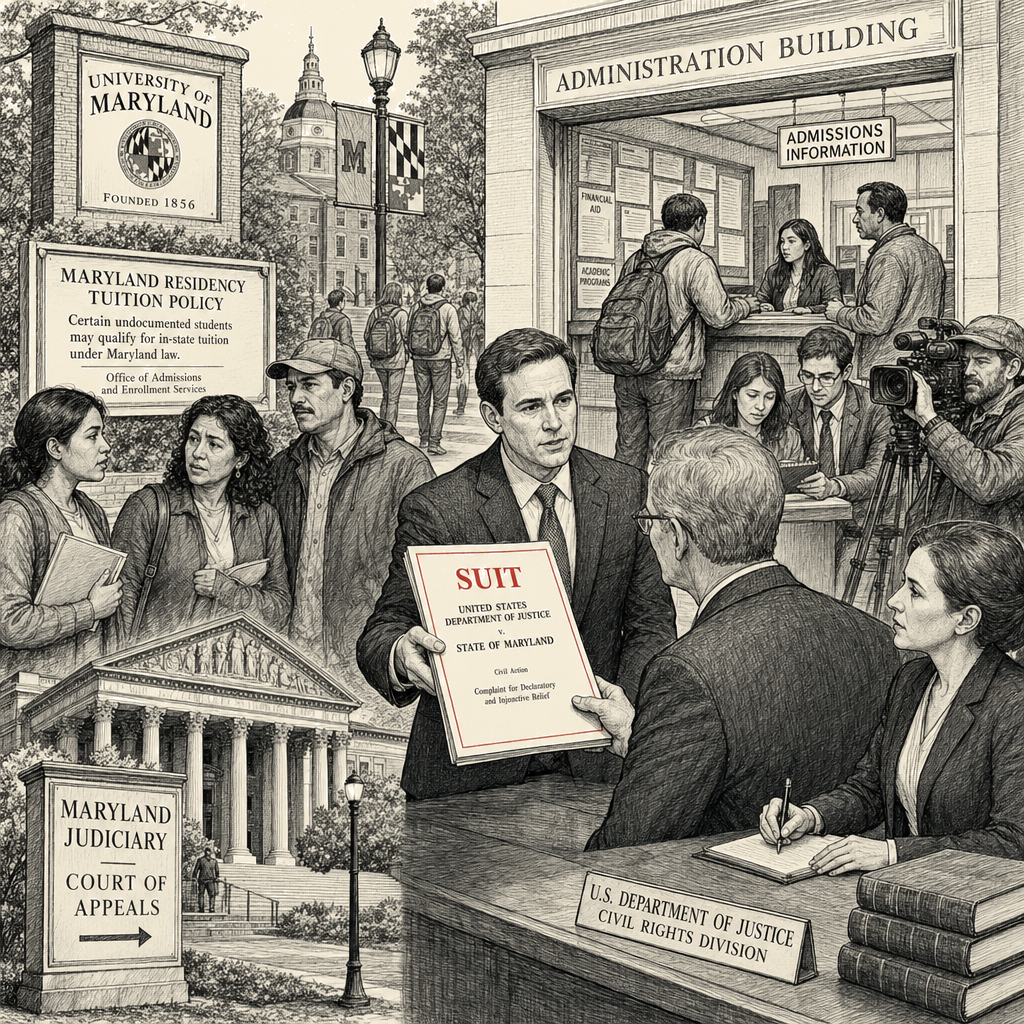 Illustration accompanying article: Justice Department sues Maryland over in-state tuition for undocumented students