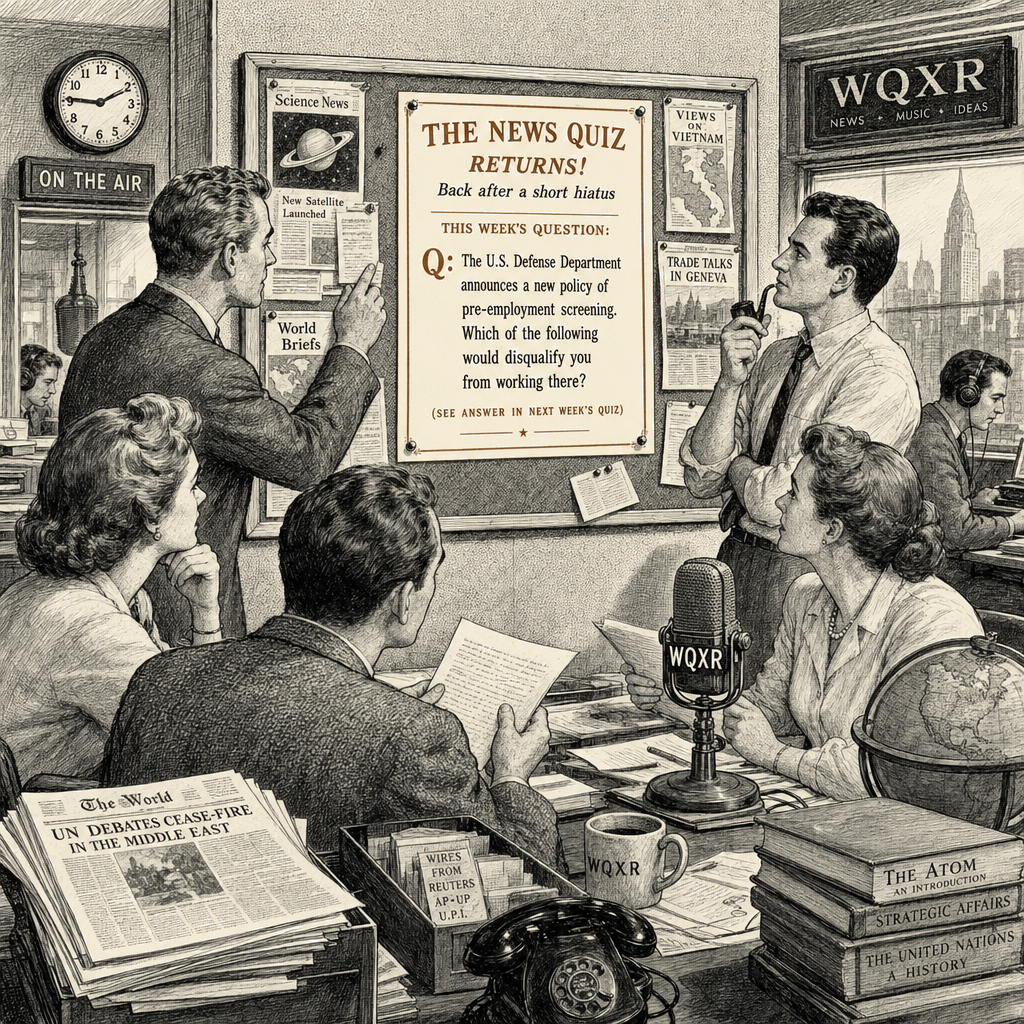 Illustration accompanying article: NPR quiz returns with question on Pentagon screening for 'war fighters'