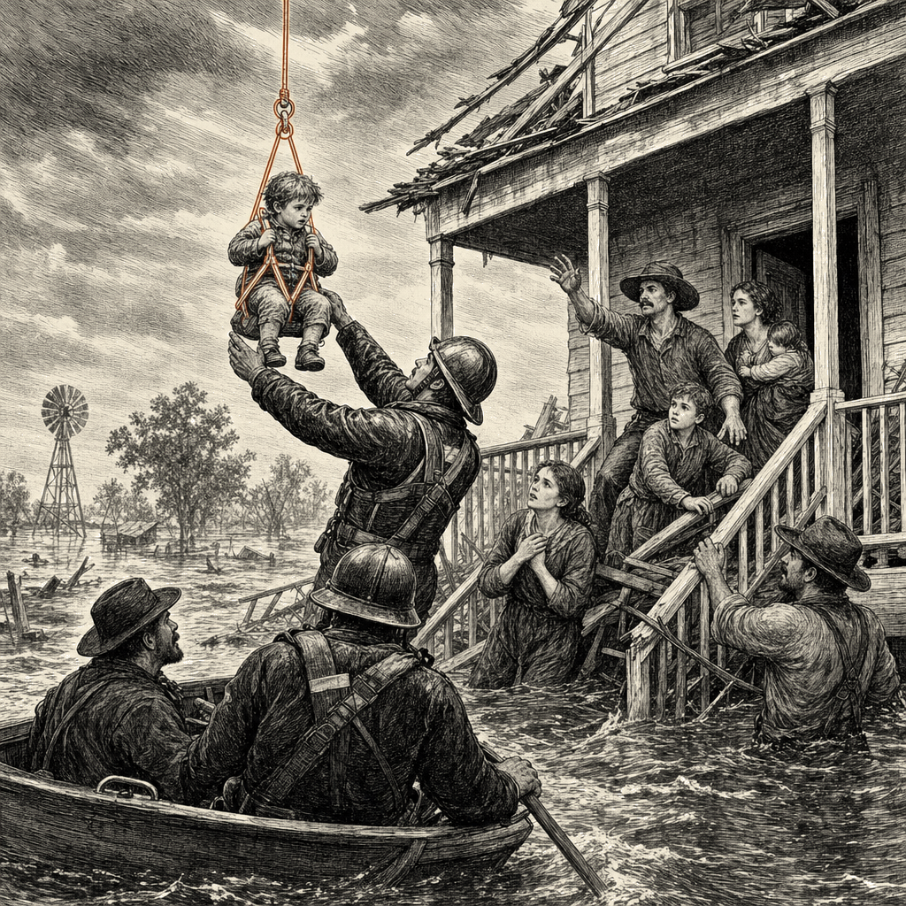 Illustration accompanying article: Rescuer airlifts girl from flooded Texas home, bodycam video shows