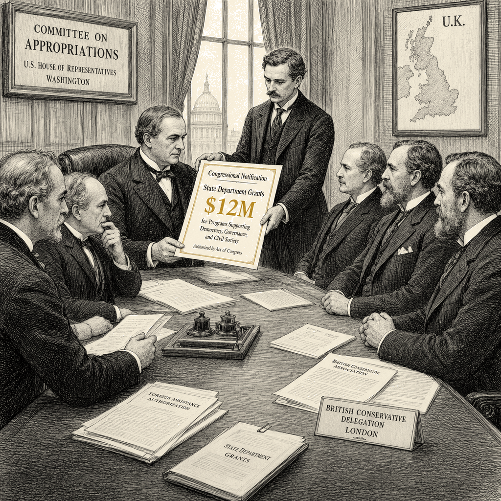 Illustration accompanying article: State Department plans $12M in grants to UK conservative groups