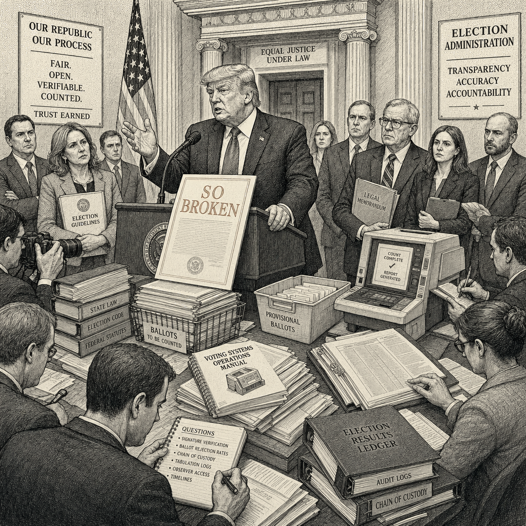 Illustration accompanying article: Trump claims election system 'so broken no one can defend it'