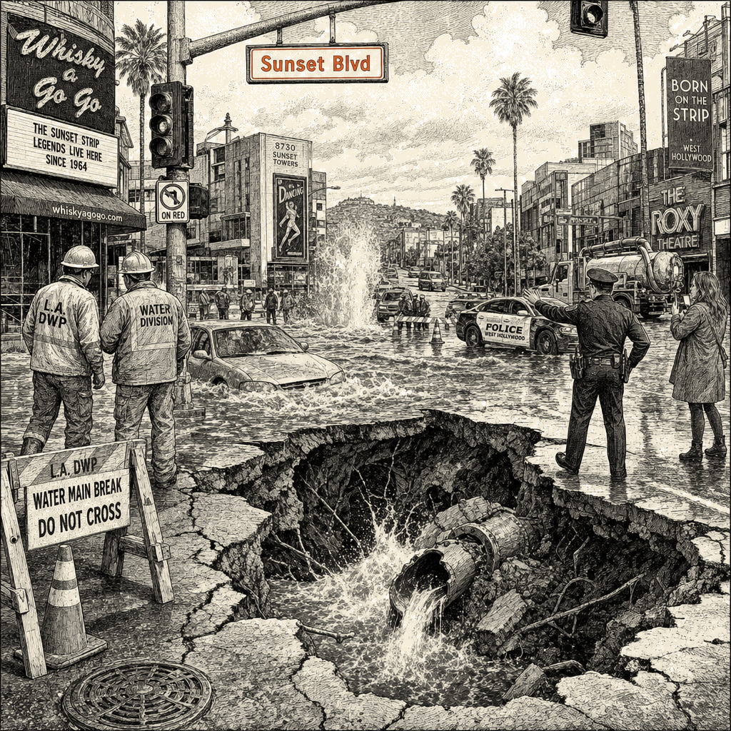 Illustration accompanying article: Water main break floods West Hollywood, opens sinkhole on Sunset Boulevard