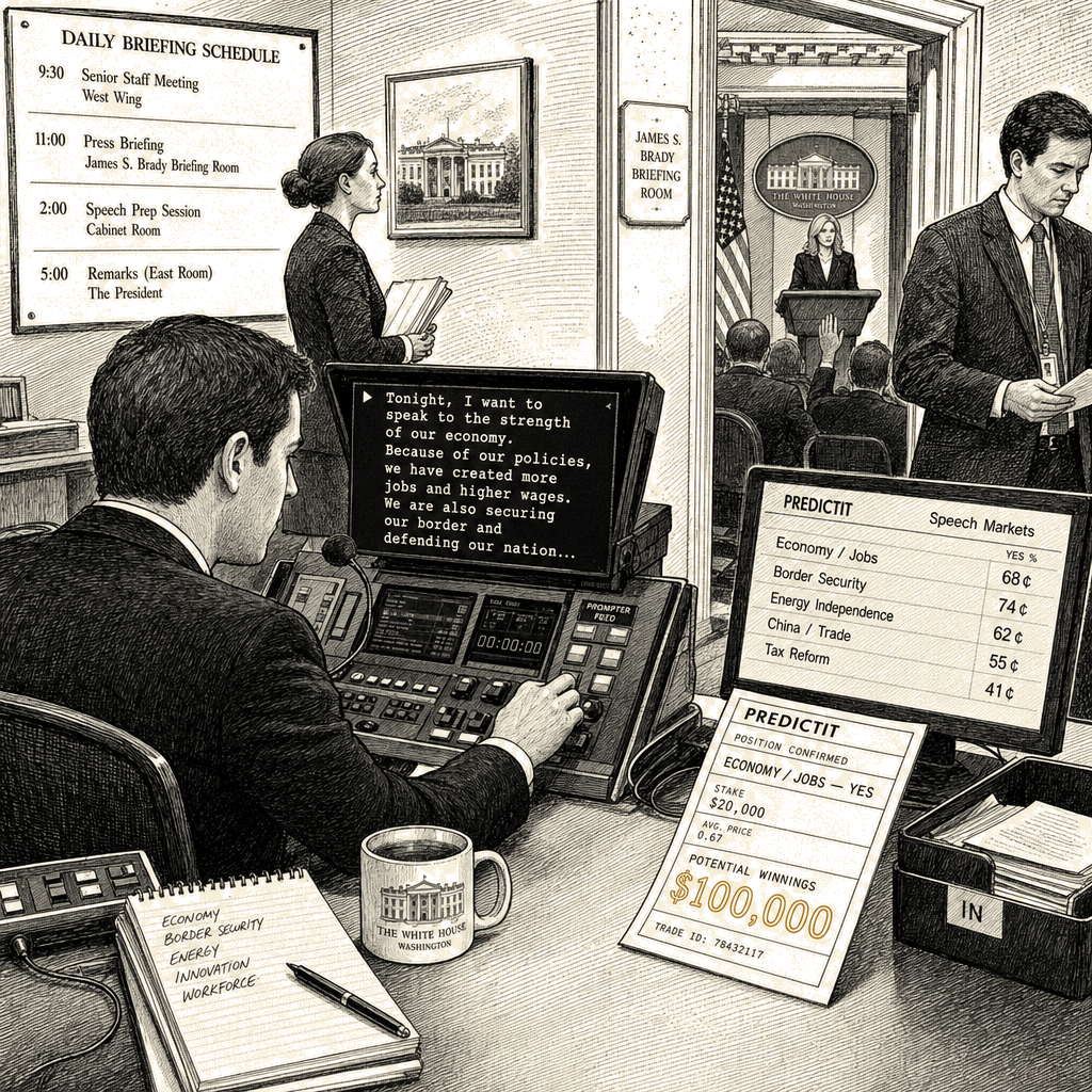 Illustration accompanying article: White House teleprompter operator bet on Trump speech topics, Leavitt says
