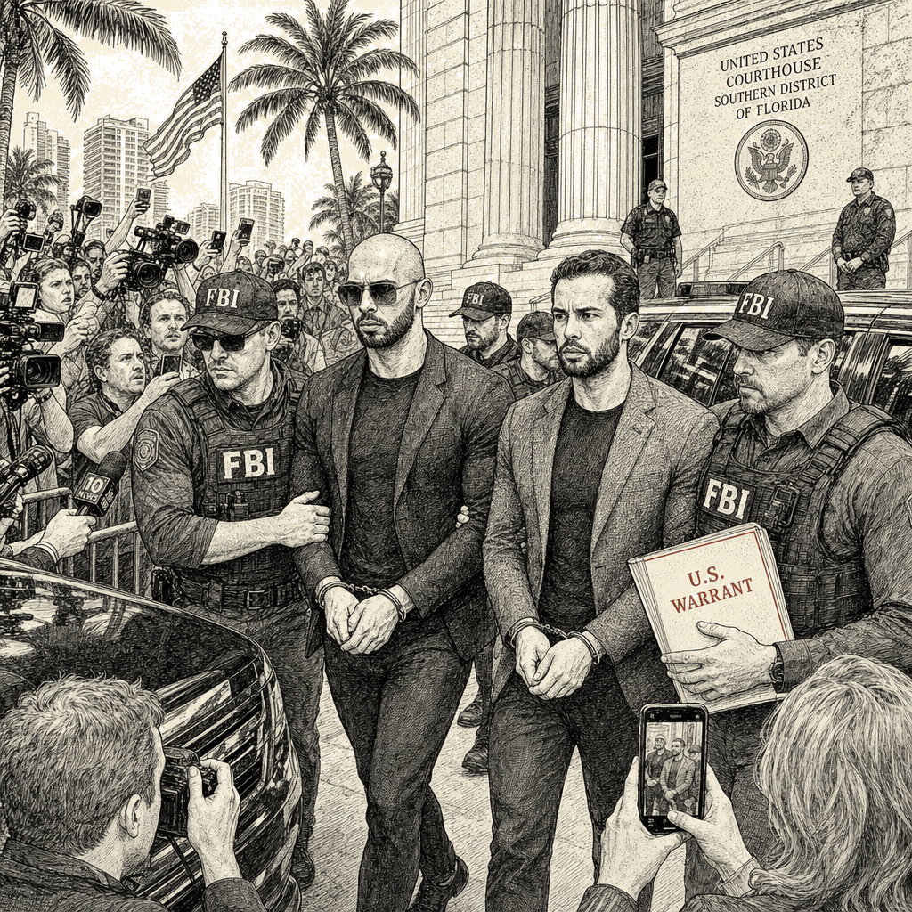 Illustration accompanying article: Andrew and Tristan Tate arrested in Miami on US warrant