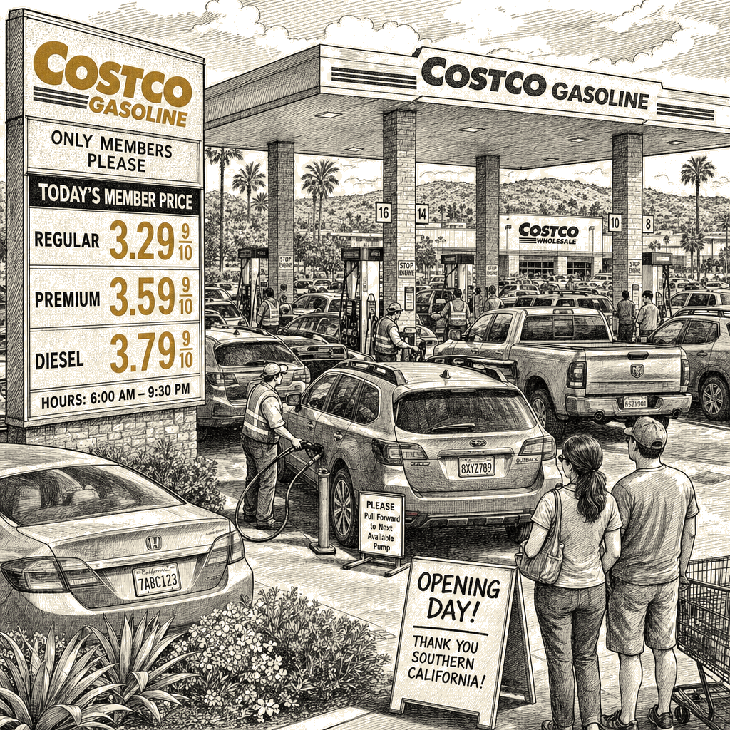 Illustration accompanying article: Costco opens first standalone gas station, plans more near warehouses