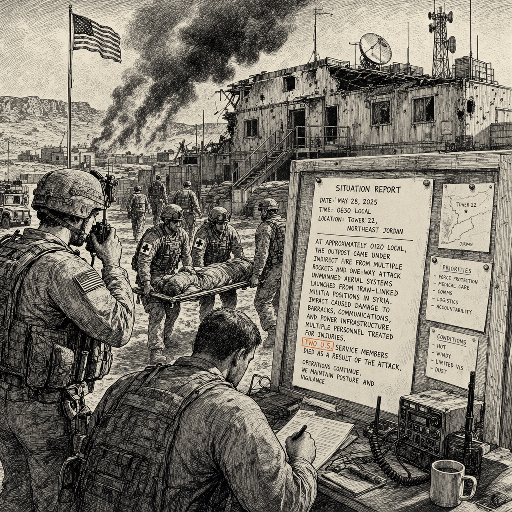 Illustration accompanying article: Iran attack in Jordan kills two U.S. service members