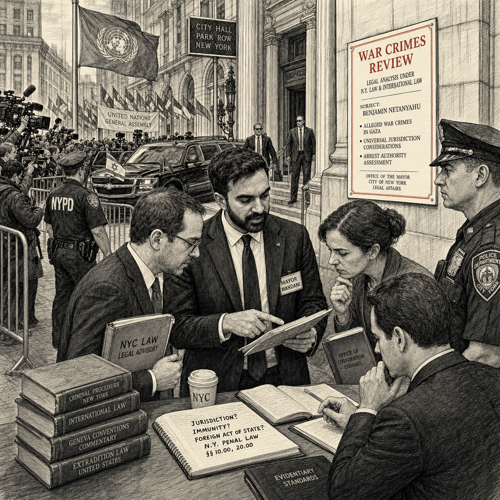Illustration accompanying article: Mandani reviews options to arrest Netanyahu during UN visit